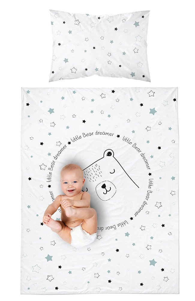 Parure De Lit Ours Gris Housse De Couette Bebe 100x135 Cm Taie 40x60 Cm